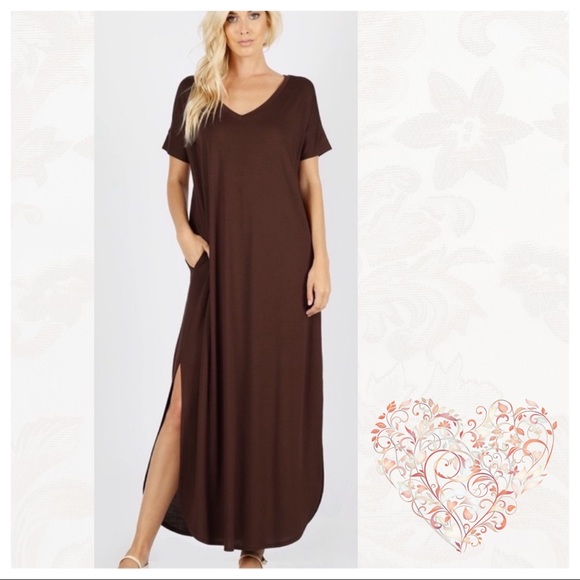 Dresses & Skirts - Brown Short Sleeve Maxi Dress, V-Neck & Pockets